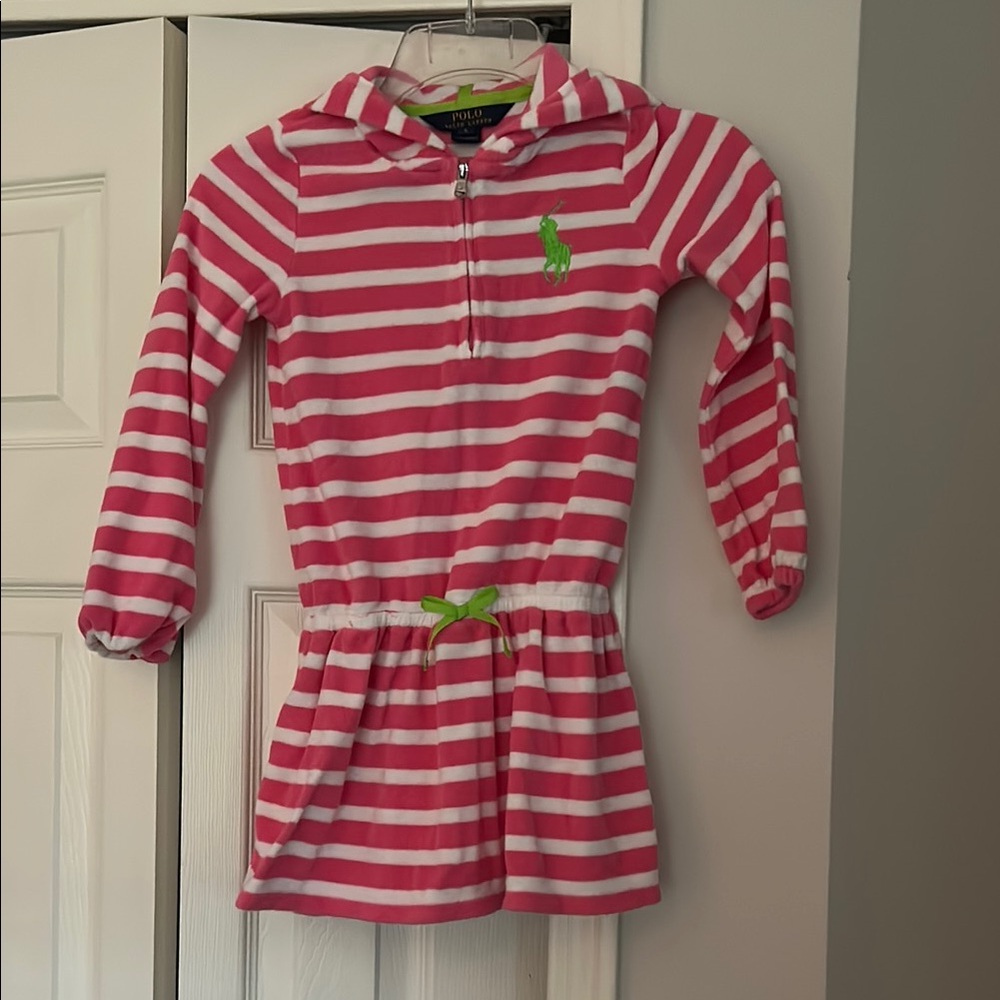 Pink and White Striped Hooded terry cloth swim coverup